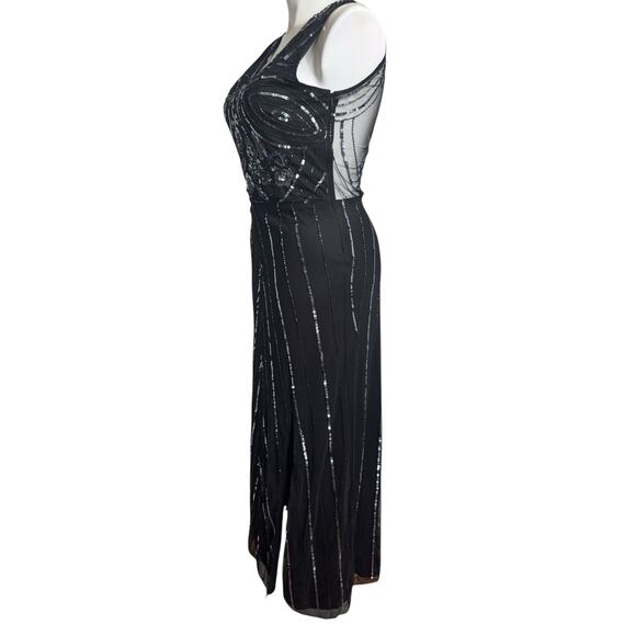 Black Sequin Illusion Sheer Maxi Dress Size Large Glam Great Gatsby Art Deco NYE - Picture 9 of 11